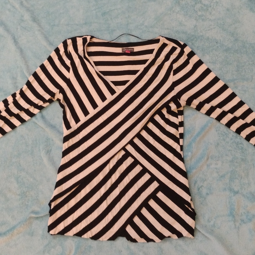 Black and White Wrap Blouse with Three-Quarter Sleeves